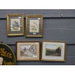 Pair of bird prints plus 2 others, coastal scene with cottages, woodland with sheep