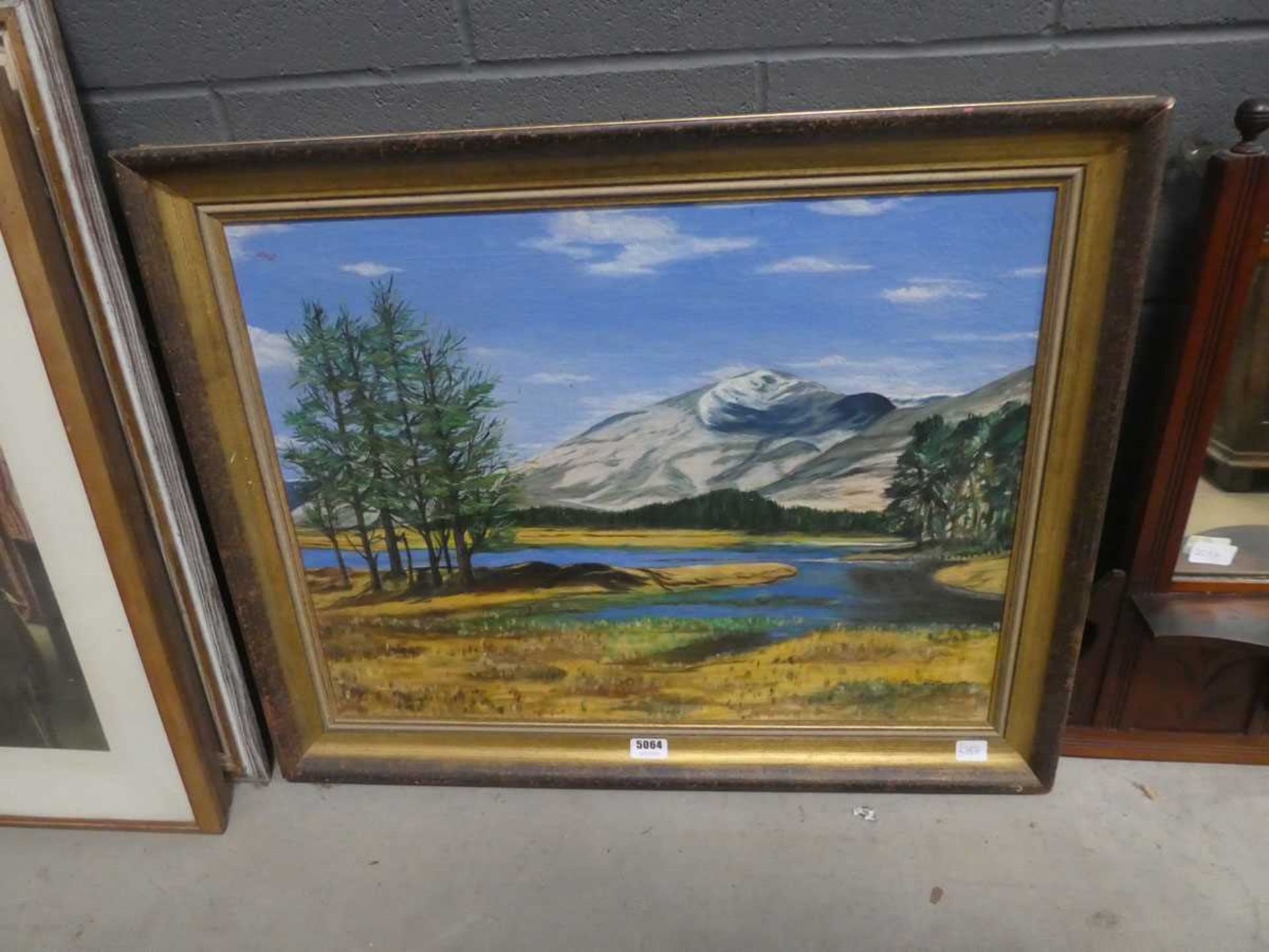 Oil on canvas, mountain, lake and pine trees