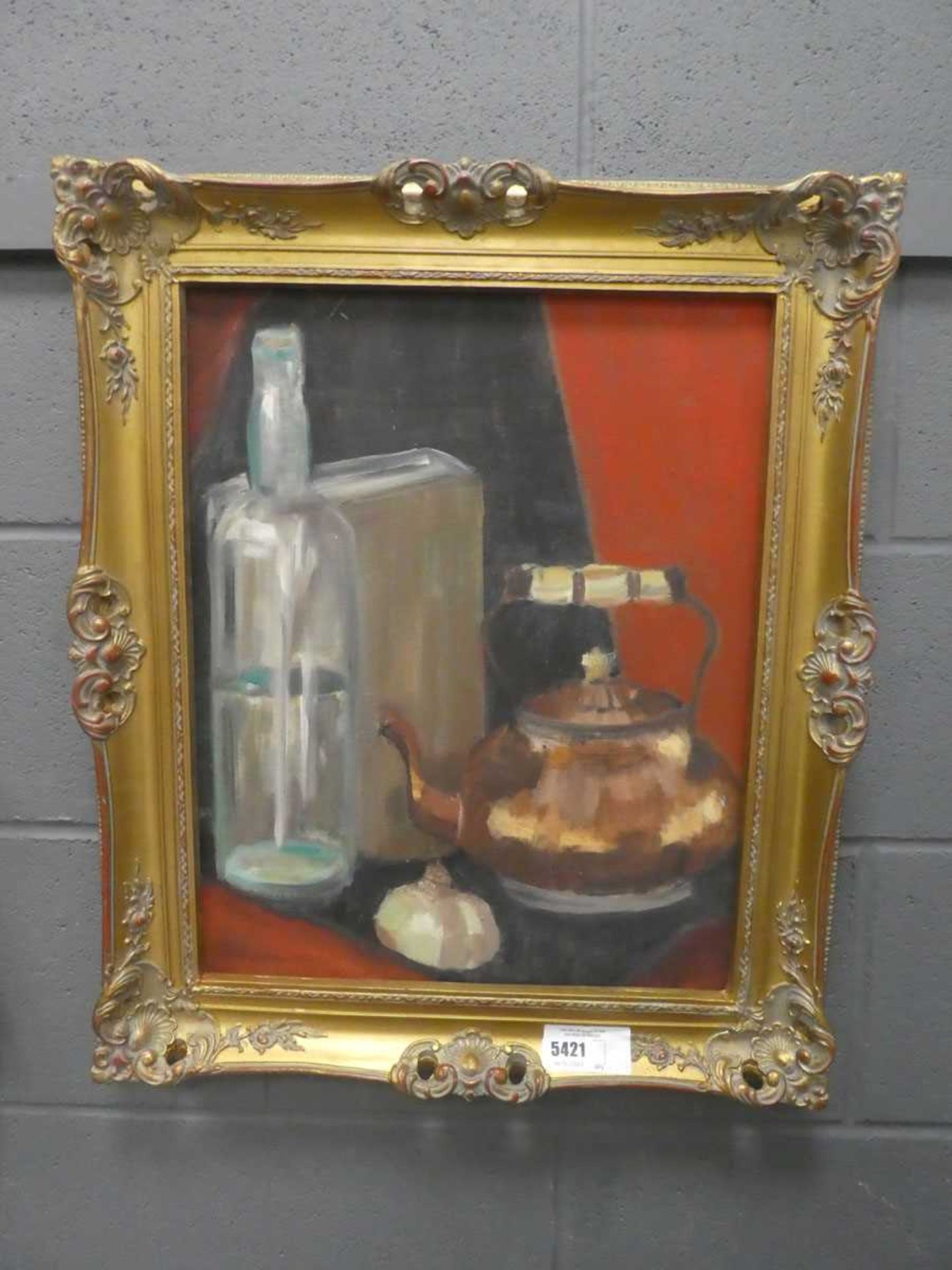 +VAT Modern oil on board - still life with bottle and kettle