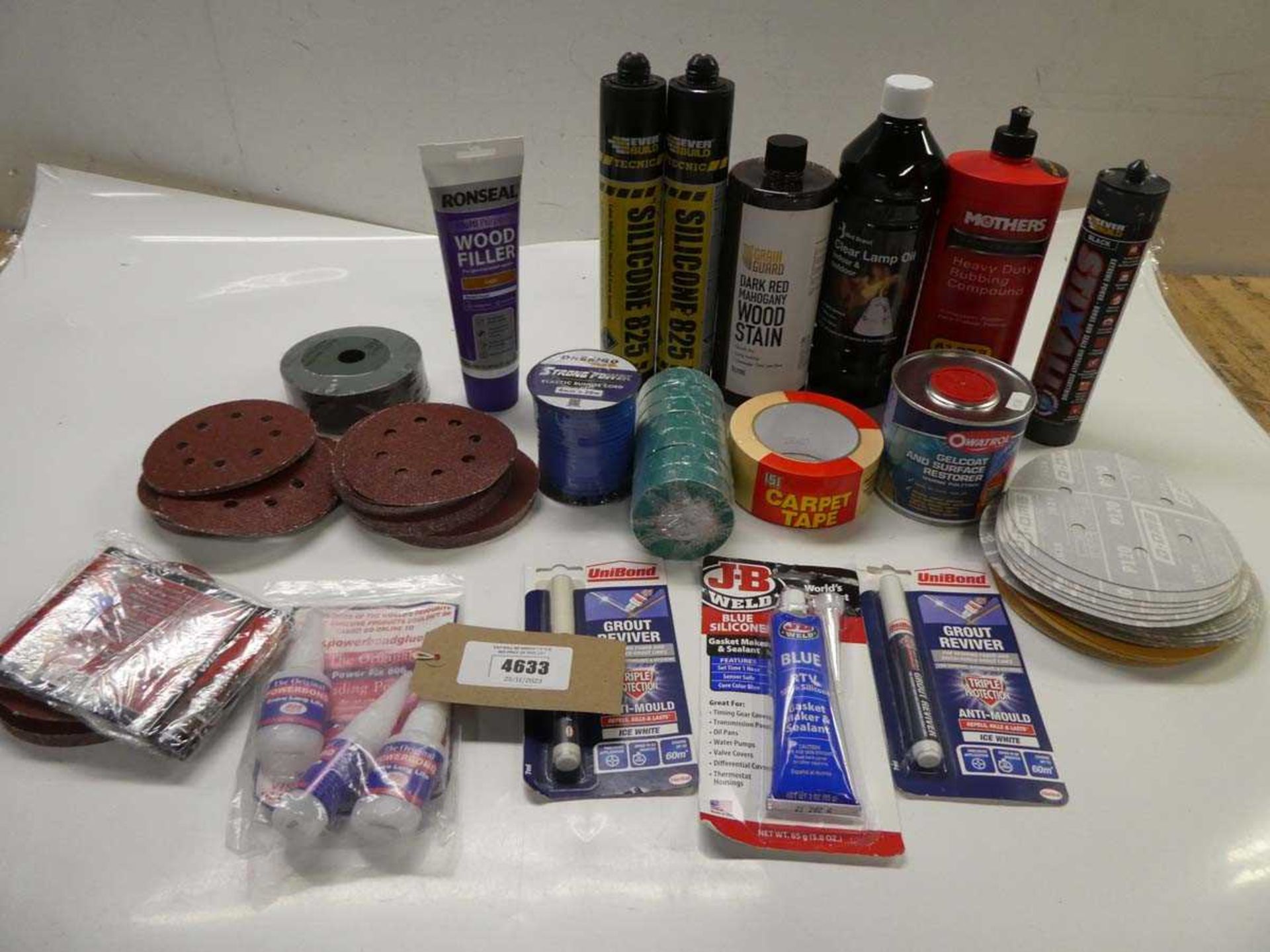 +VAT Silicone, Wood stain, rubbing compound, wood filler, carpet tape, sanding & cutting discs,