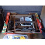 Box containing cabinet scraper, planer parts, bow saw, hacksaw etc.