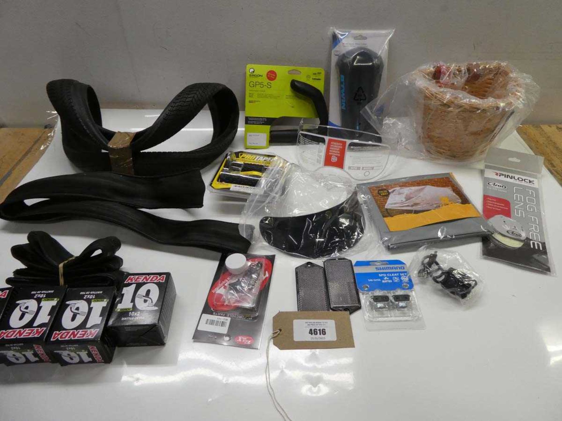 +VAT Motorbike & bicycle spares including inner tubes, tyres, reflectors, Shimano Cleat set, Ergon