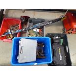 3/4 under bay containing drills, poles, vintage tools, lights, etc