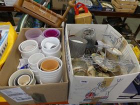 2 boxes containing plant pots, cake stand, cups and saucers and other china
