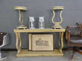 Lime washed two tier console table plus a pair of stands