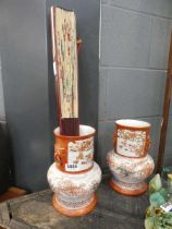 Pair of Japanese Kutani vases plus an ornamental fan