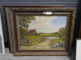 +VAT Print of a lake plus an oil on board - country scene with river and ford