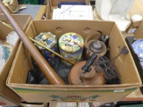 Box containing storage tins, copper and brass coaching horn, copper kettles
