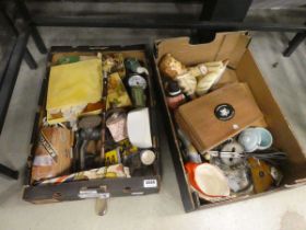2 x boxes containing ornamental figure, kitchen utensils, badges and household goods
