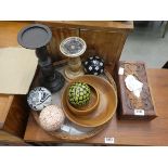 Carved wooden tissue box, trays, wooden dishes and ornamental bowls and candlesticks