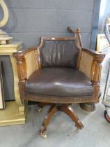 Brown leather effect and bergere swivel office chair