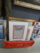 Box containing mirror, print with certificates, figures in the drawing room, cat and other pictures