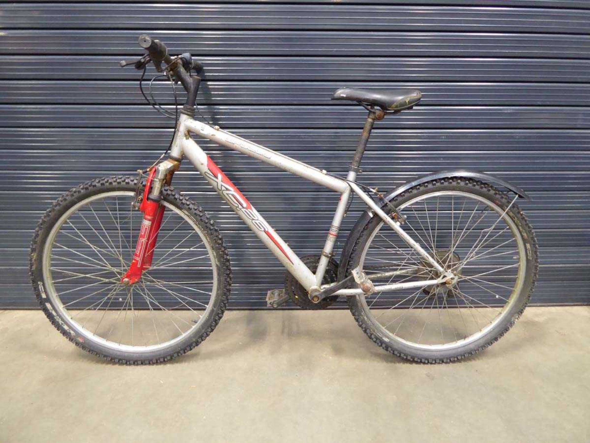 Silver and red mountain bike