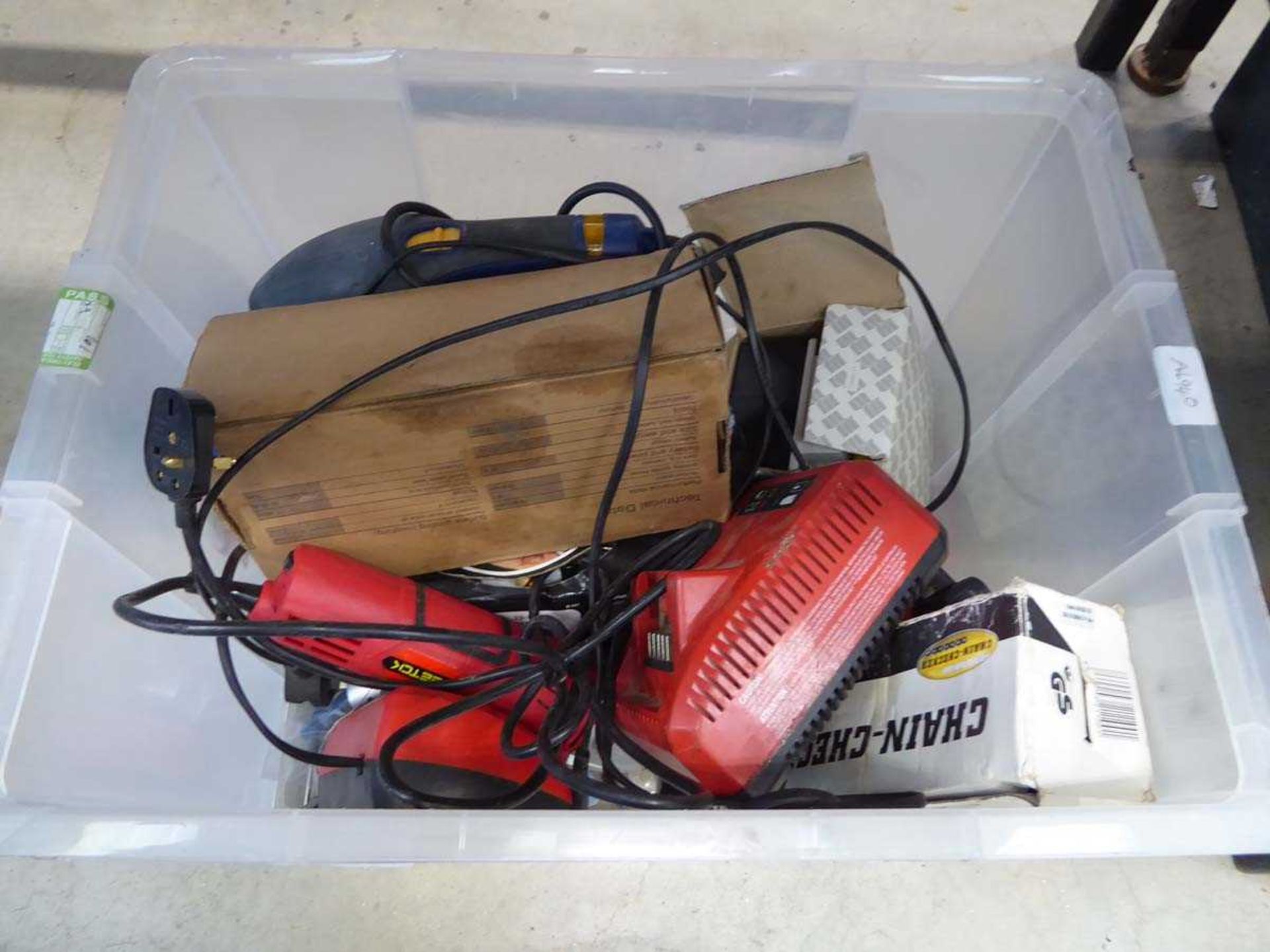 Plastic crate containing Wera screwdrivers, torch, lantern, sanders and various other tools