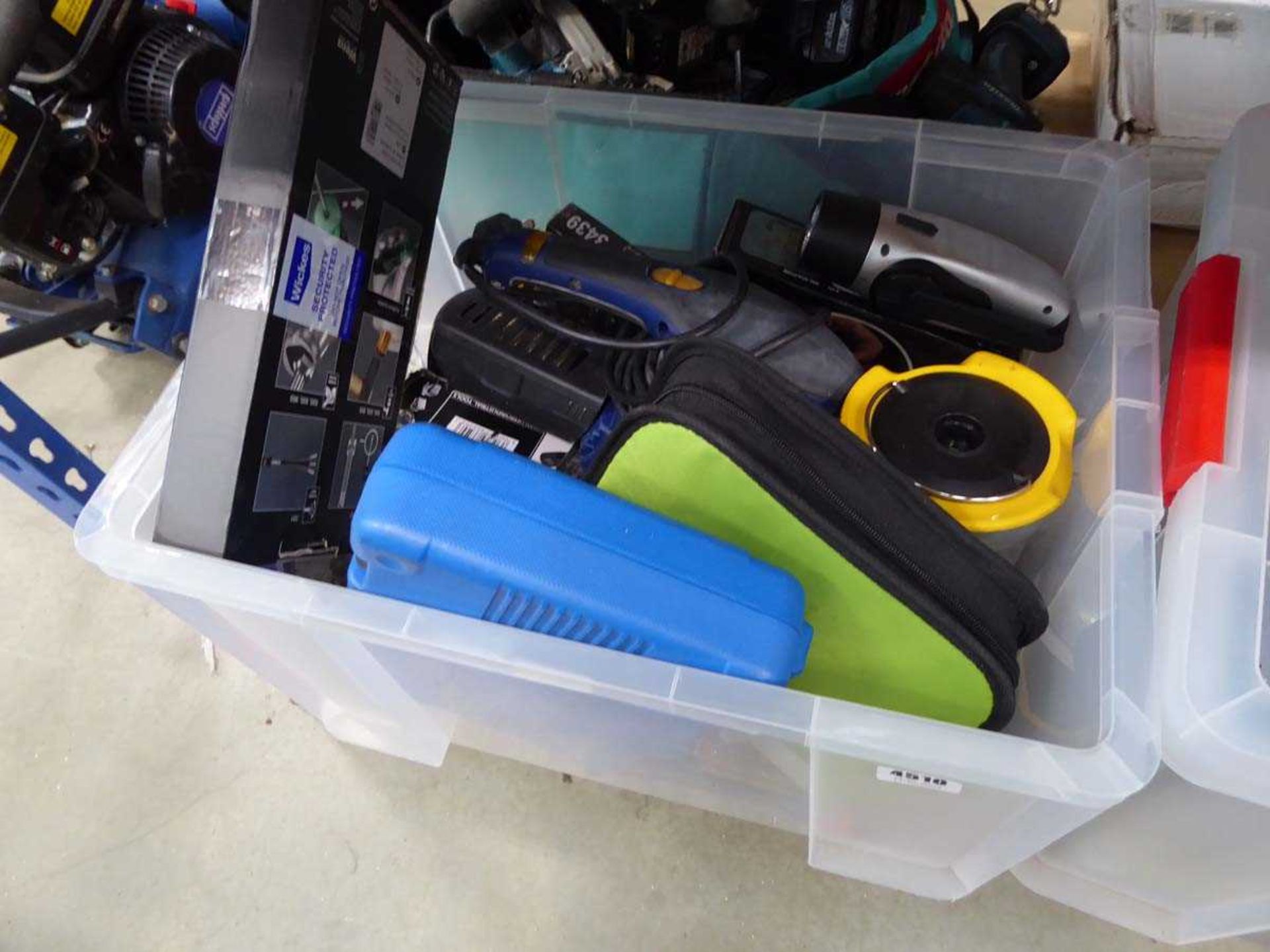 Plastic crate containing Wera screwdrivers, torch, lantern, sanders and various other tools - Image 2 of 2