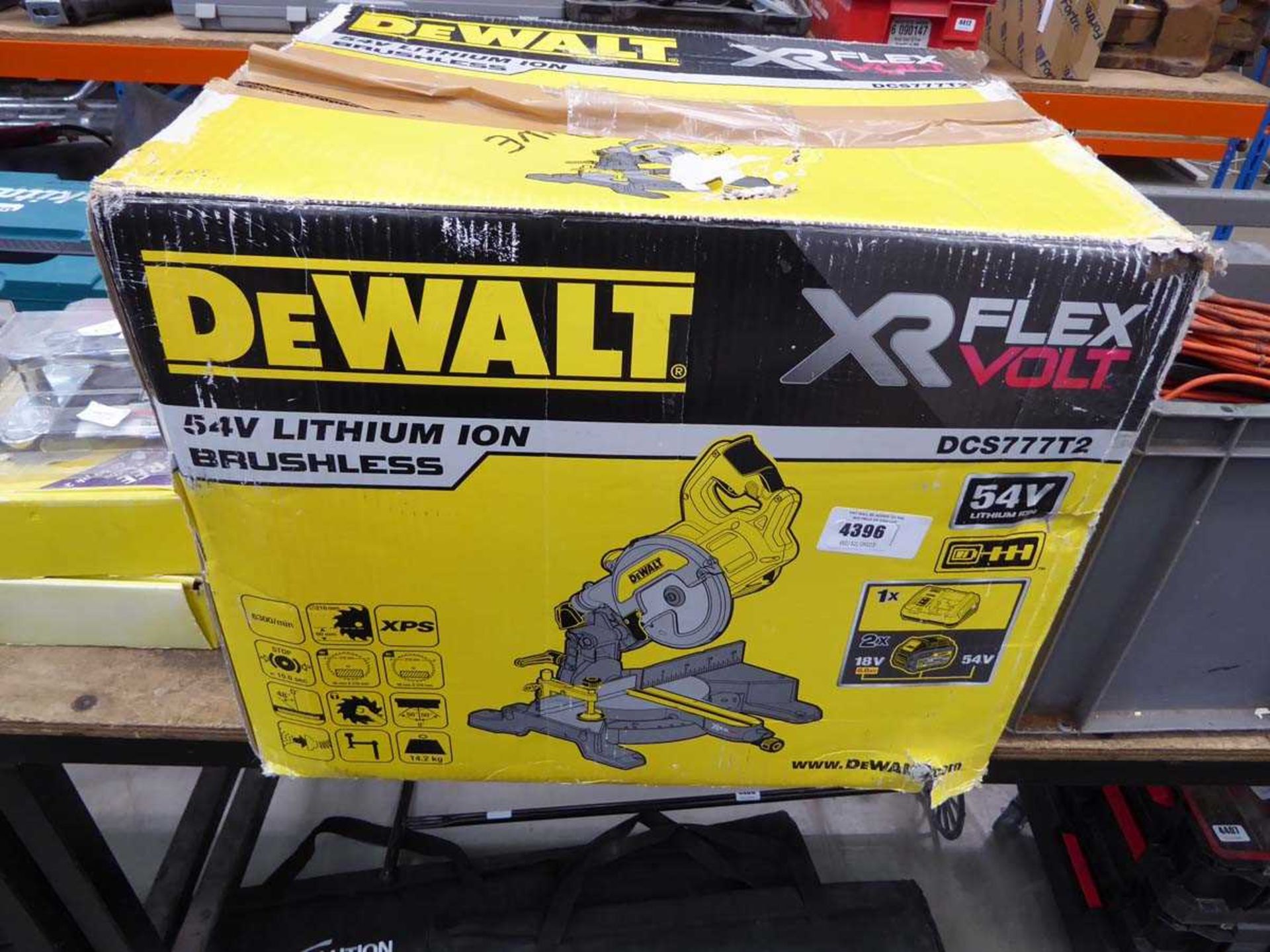 +VAT DeWalt XR boxed battery powered chop saw with 2 batteries, no charger