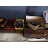 2 linbins or various tools and wooden box containing various items