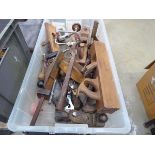 Plastic crate containing hand drills, wooden planes, angle etc