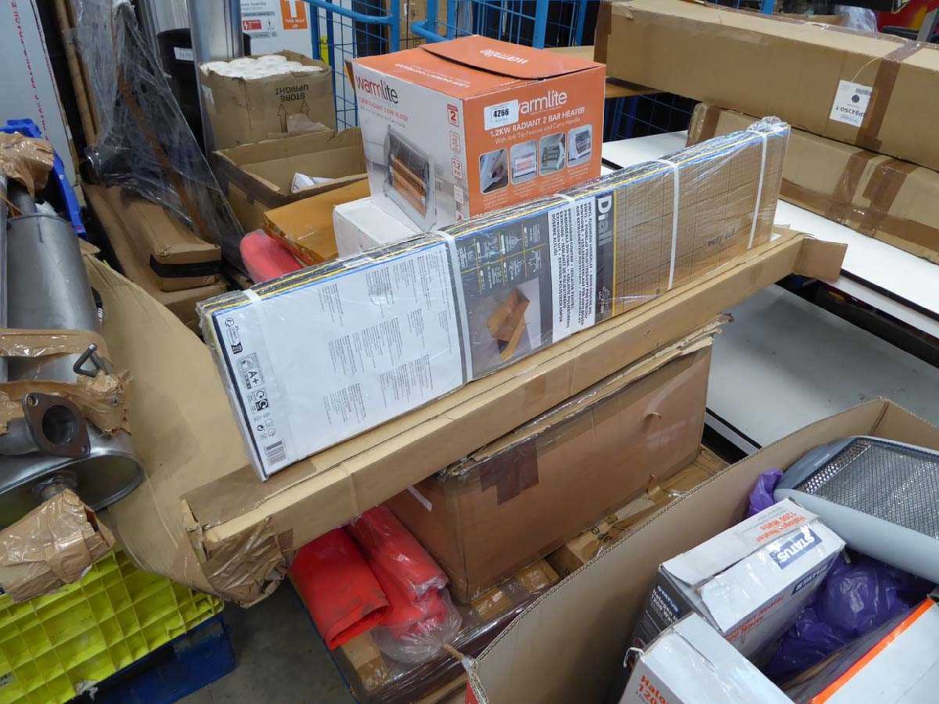 +VAT Pallet containing vinyl flooring underlay, small heater, lamp shade and various other items