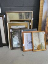 Seven prints and paintings, to include lake with woodland, hunting party, figure in garden, ships at