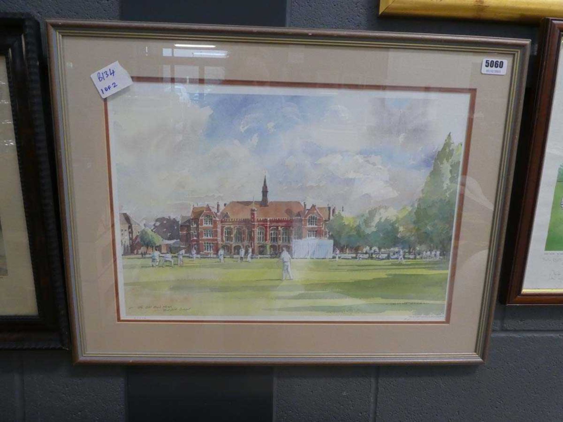 David Green print, Bedford School, plus cricketing caricature