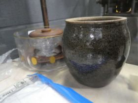 A Danish 'Wiggers Teak' sundae dish and stand together with a glass and gilded bowl and a studio