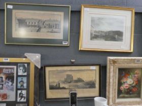 Three engravings of Bedfordshire Priory, Norwich Castle and Bromham Bridge