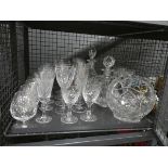 Cage containing decanters, basket, brandy snifters, wine and sherry glasses