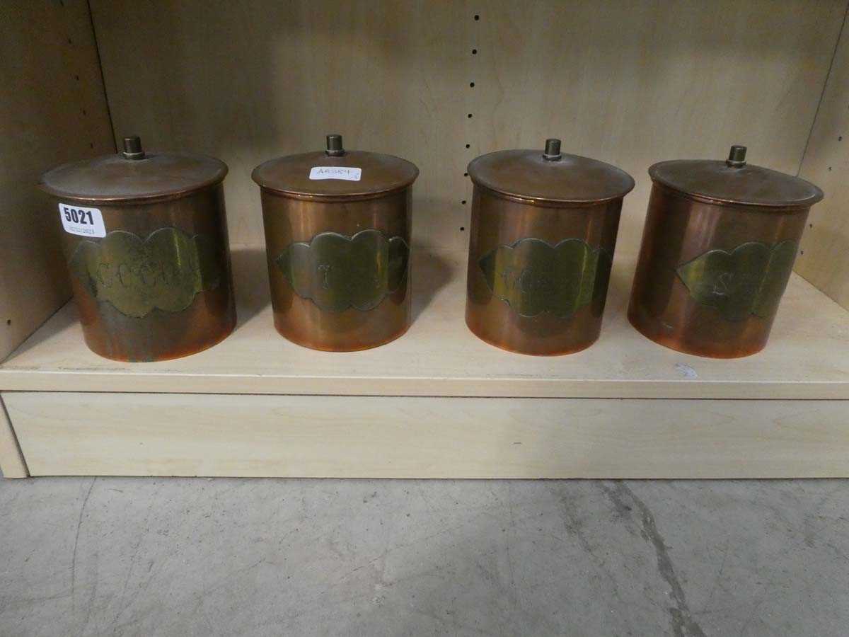 4 x copper and brass lidded kitchen pots