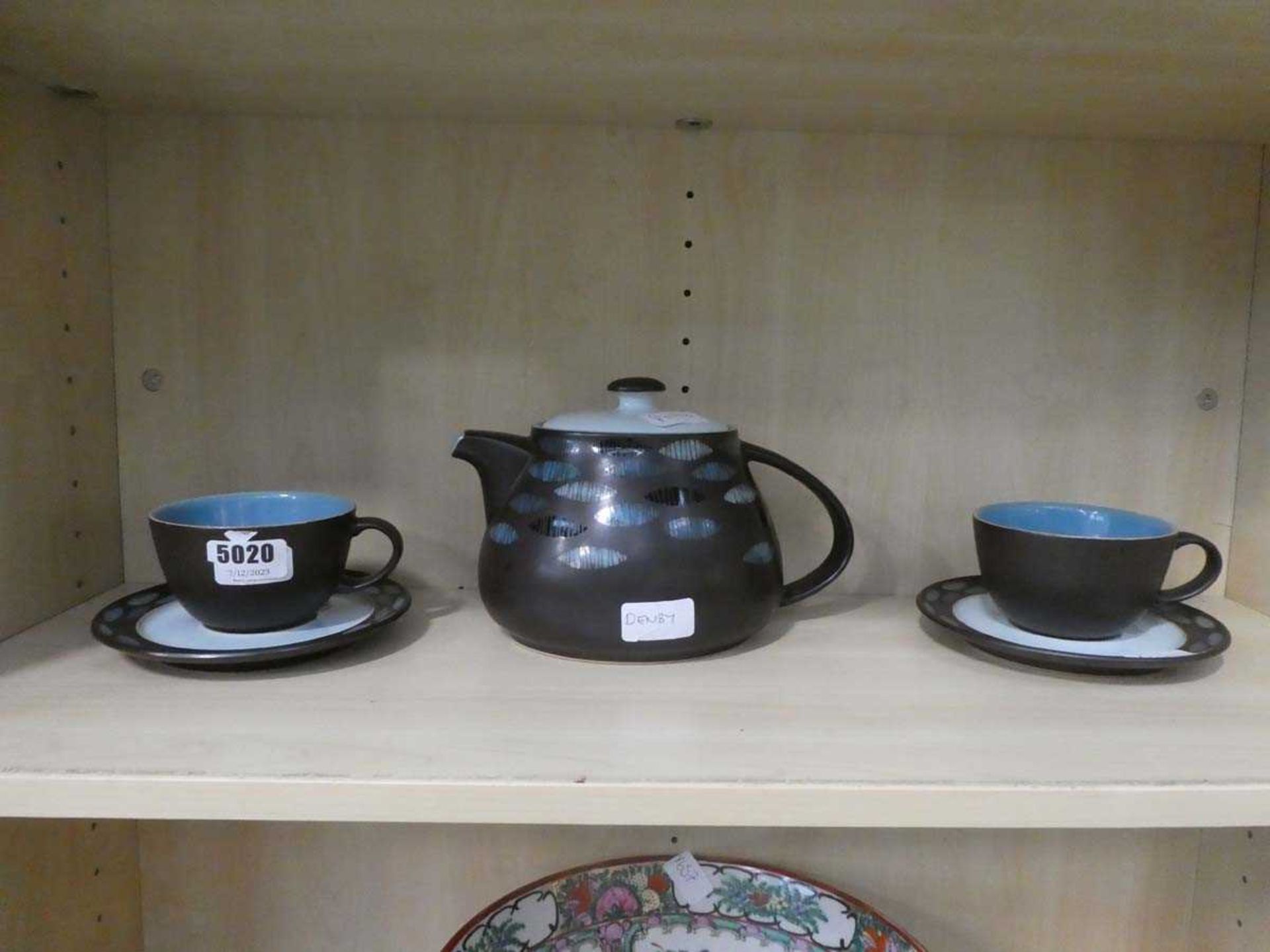 Pair of Denby cups and saucers plus a teapot