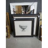Two Italian prints, figure of a horse and classical bowl, plus a mirror in white painted frame
