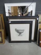 Two Italian prints, figure of a horse and classical bowl, plus a mirror in white painted frame