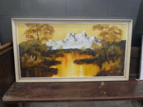 Modern oil on board - lake with snowy mountains