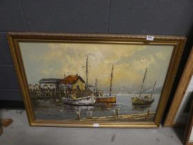Oil on canvas of fishing boats in harbour