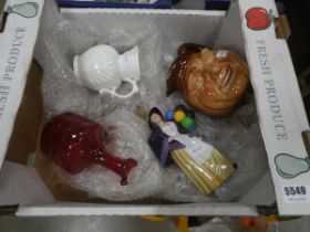 Box containing a Doulton Toby jug, glass decanter, Doulton balloon seller figure plus a Coalport