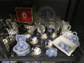 Cage containing Christmas theme wine glasses plus Aynsley coffee cup and saucers, various teapots