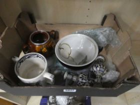 (1) Box containing mug, Doulton teapot, plus general crockery