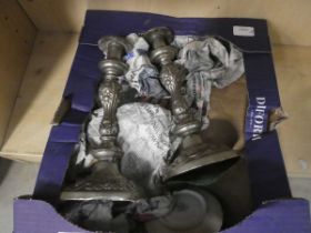 (4) Box containing silver plated candlesticks plus crockery