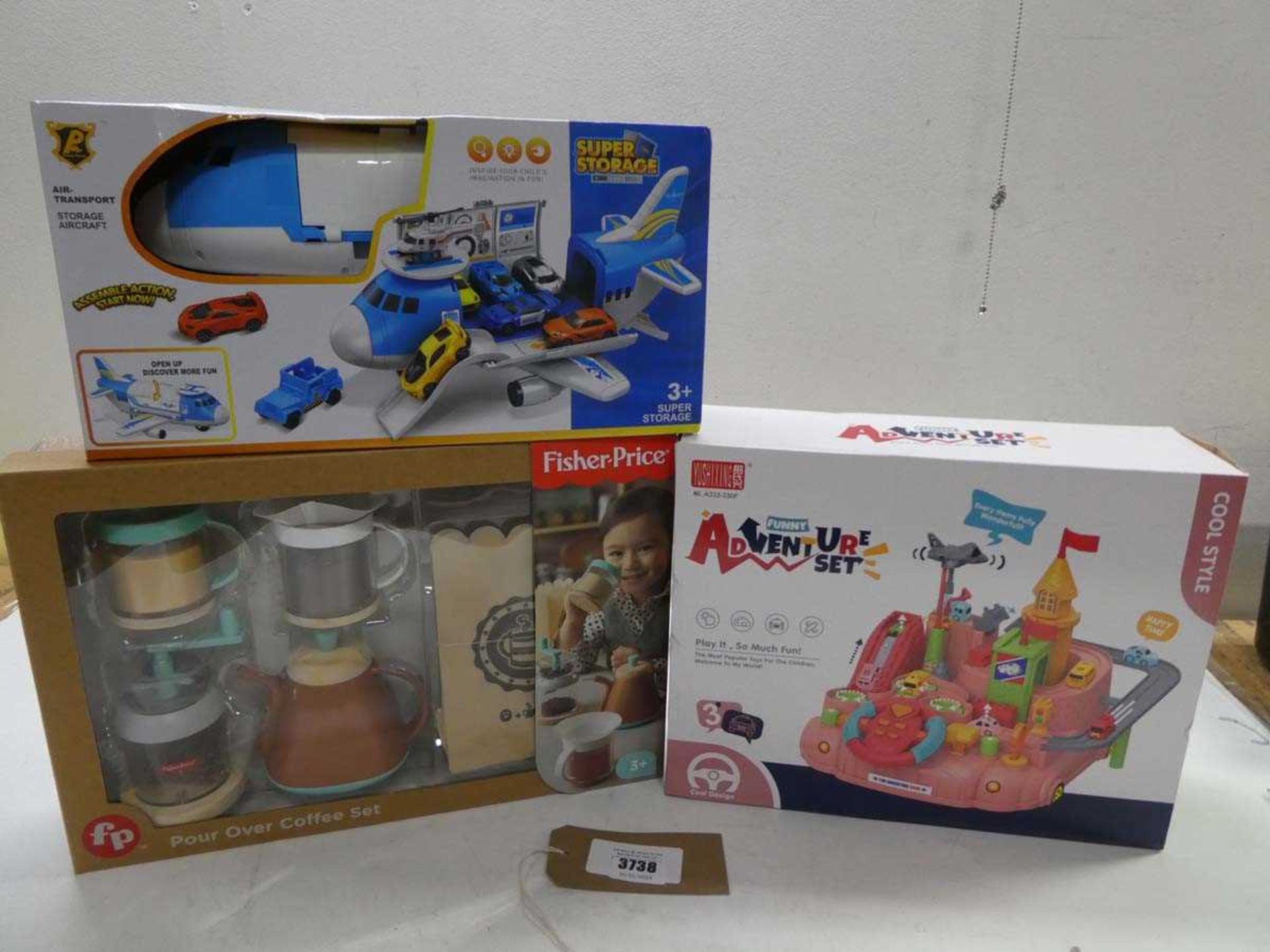 +VAT Fisher Price toy coffee set, Air Transport set and Funny adventure play set