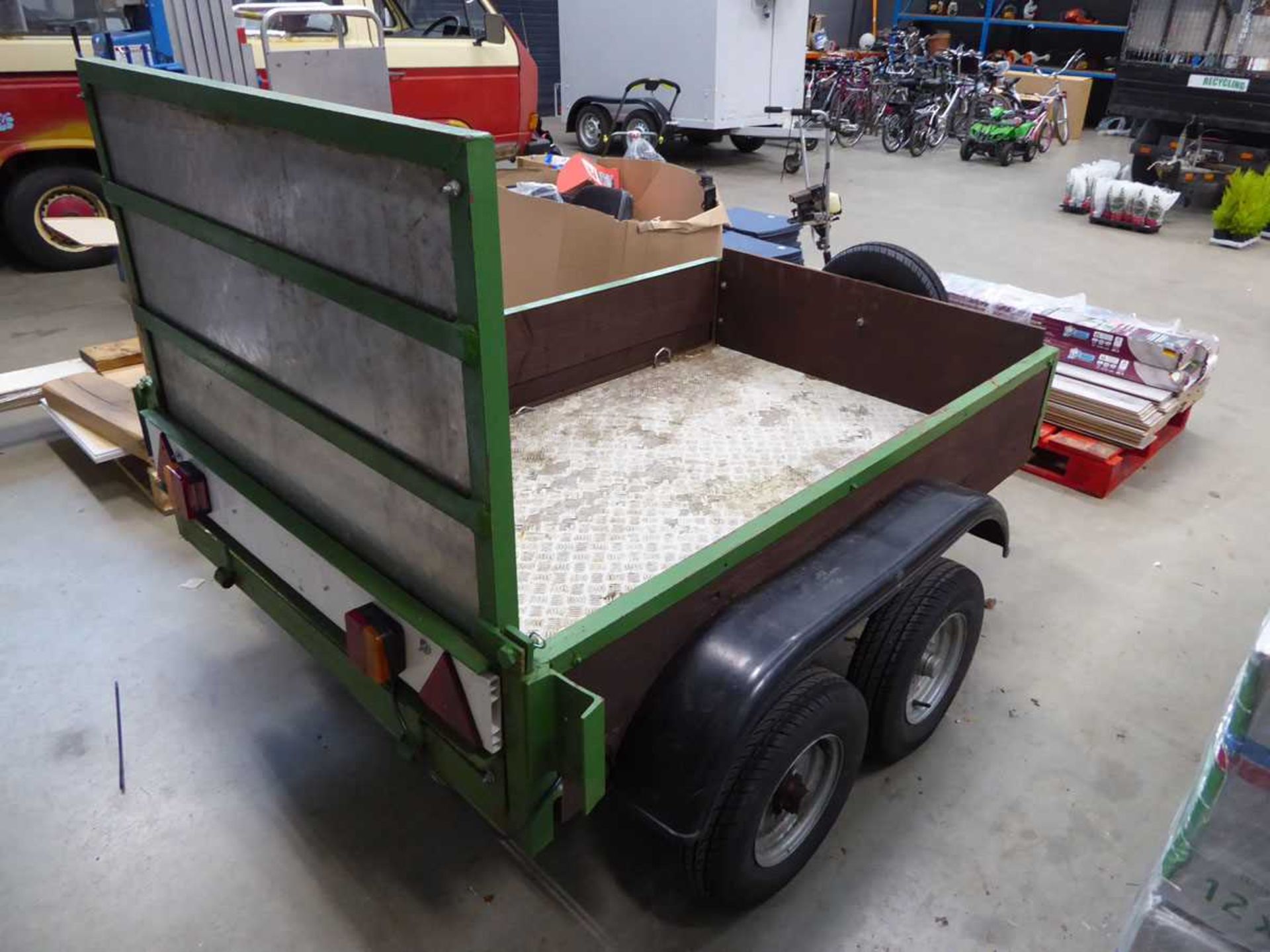 Double axle green metal and wood plant trailer with fold down backboard - Image 5 of 5
