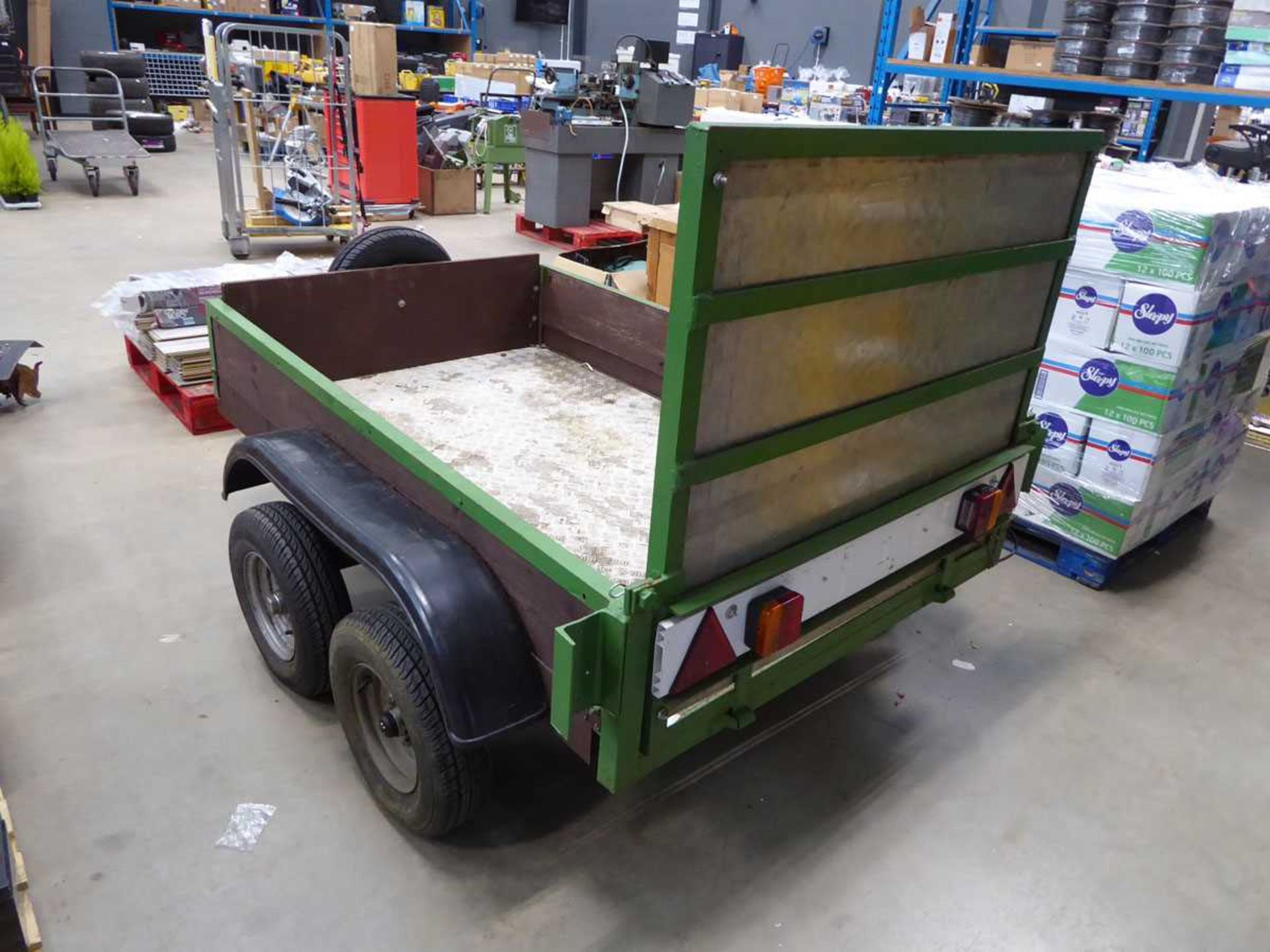 Double axle green metal and wood plant trailer with fold down backboard - Image 4 of 5