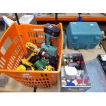 Box of assorted chemicals and plastic crate containing various assorted battery drills