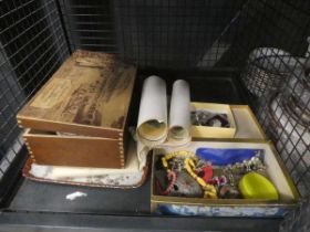 Cage containing crested ware, silver and other rings plus costume jewellery and a Beatrix Potter