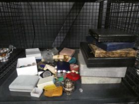 Cage containing coinage, costume jewellery and empty cutlery boxes