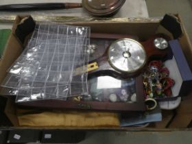 Box containing costume jewellery, sovereign spoons, and modern barometer
