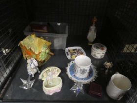 Cage containing costume jewellery, gentlemens vanity set, icon, commemorative ware and general