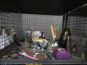 Cage containing Perspex tarantula paperweight, costume jewellery, marbles, wristwatches and