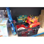 Two trays of toys to include robotic toy, Thomas and Friends adventure set, farmyard etc