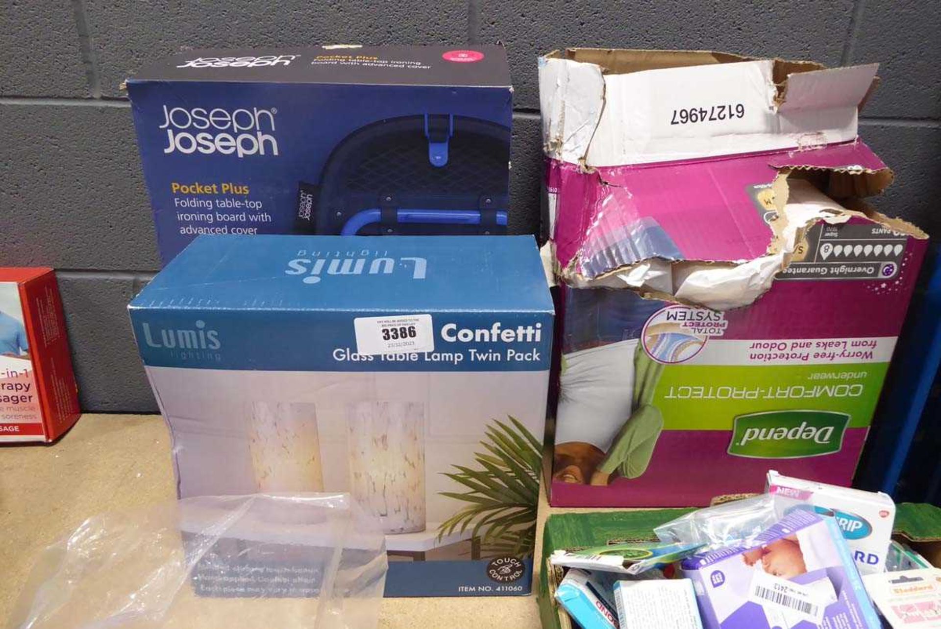 +VAT Pair of table lamps, Joseph Joseph pocket folding ironing boards, and box of protective