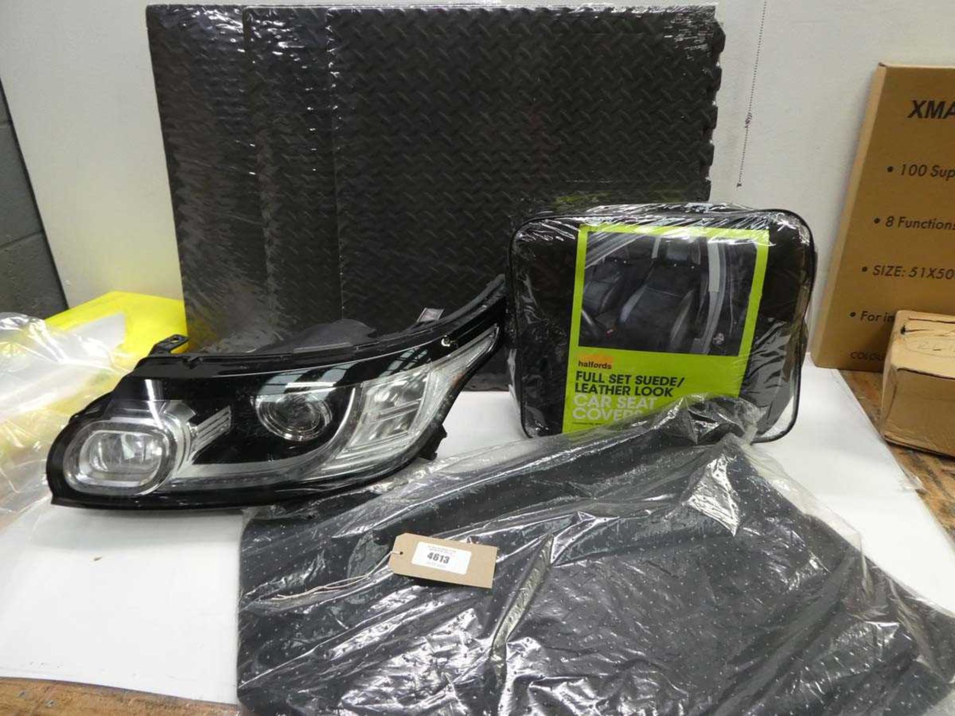 +VAT Car seat covers, car mats, headlight unit and 3 packs of interlocking rubber flooring